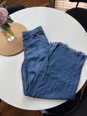 We The Free Blue High-Rise Wide-Leg Jeans with Frayed Hem